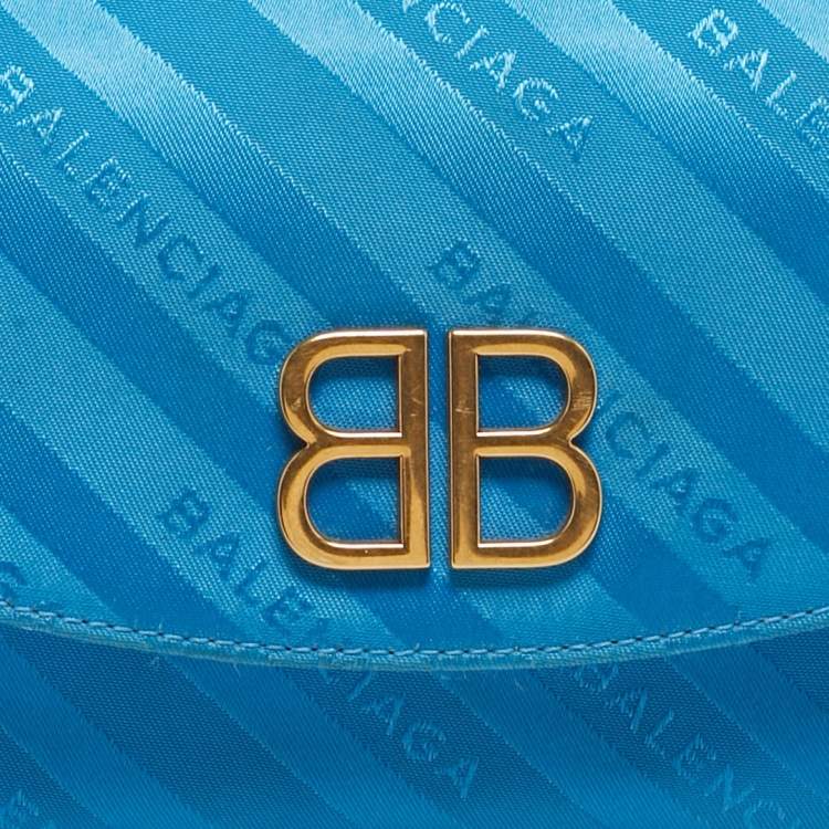 Pre Owned Balenciaga Blue Logo Jacquard Nylon BB Chain Round Shoulder Bag