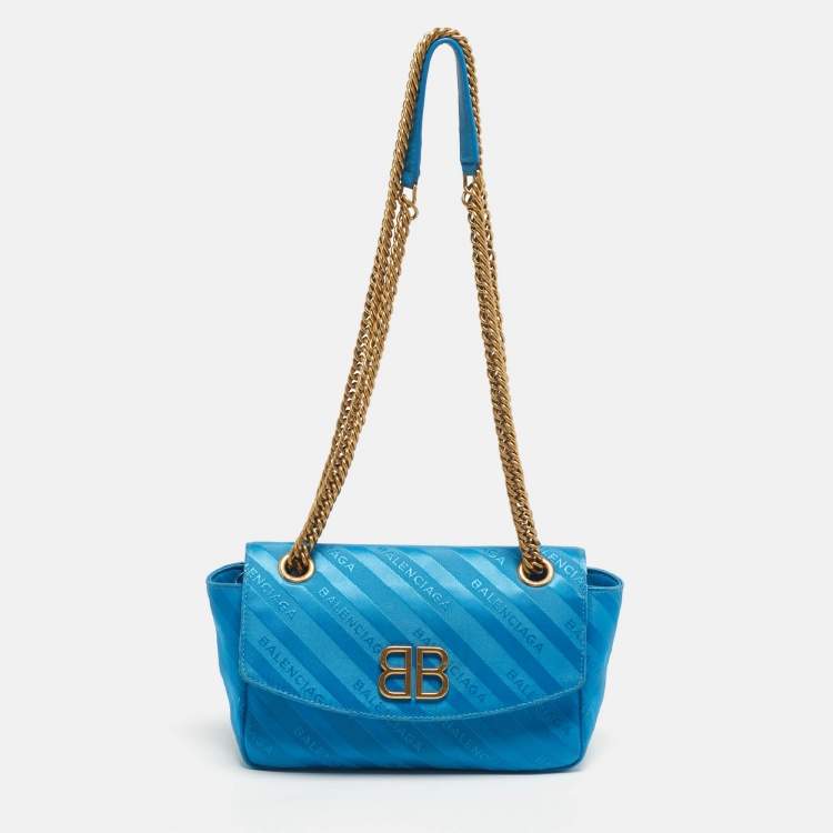 Pre Owned Balenciaga Blue Logo Jacquard Nylon BB Chain Round Shoulder Bag