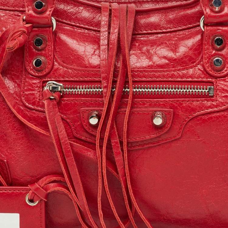 Pre Owned Balenciaga Red Leather Motorcycle Classic City Small Logo Strap Bag