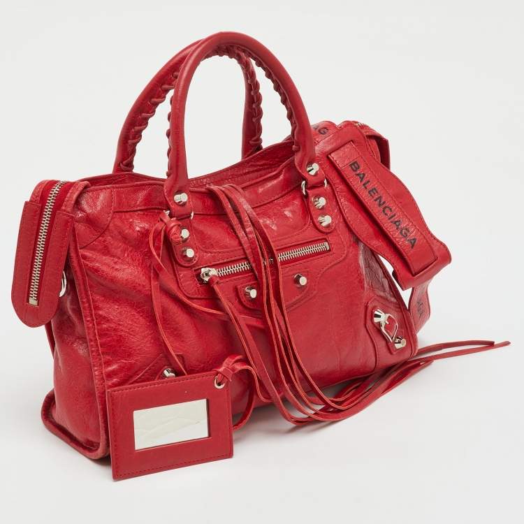 Pre Owned Balenciaga Red Leather Motorcycle Classic City Small Logo Strap Bag