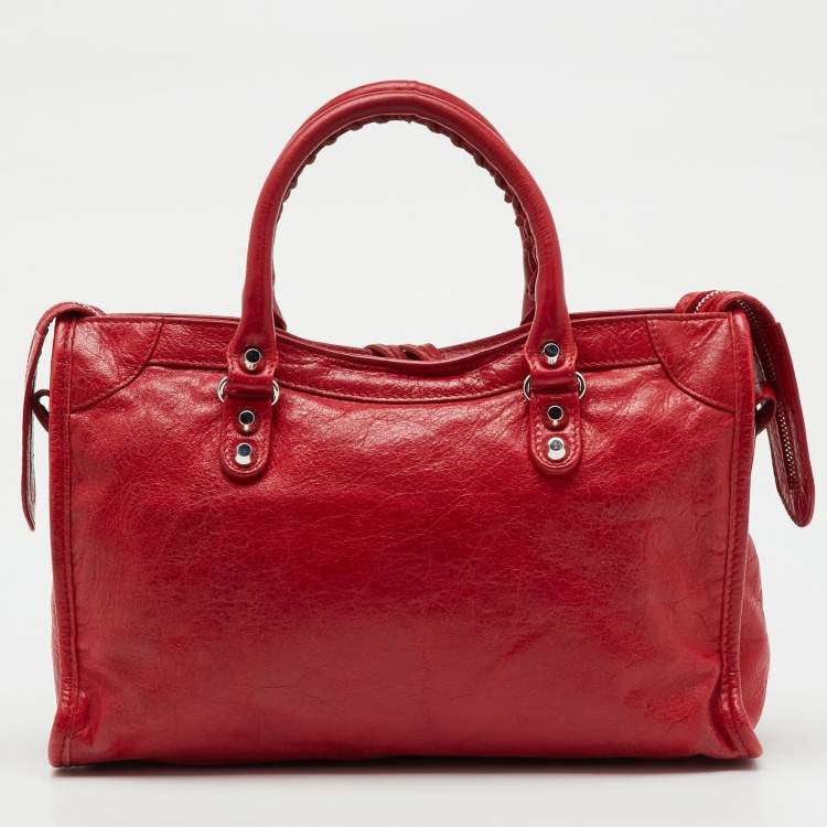 Pre Owned Balenciaga Red Leather Motorcycle Classic City Small Logo Strap Bag