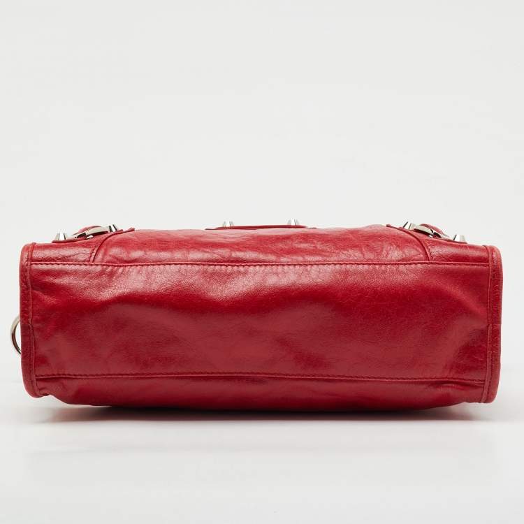 Pre Owned Balenciaga Red Leather Motorcycle Classic City Small Logo Strap Bag