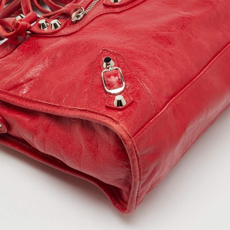 Pre Owned Balenciaga Red Leather Motorcycle Classic City Small Logo Strap Bag