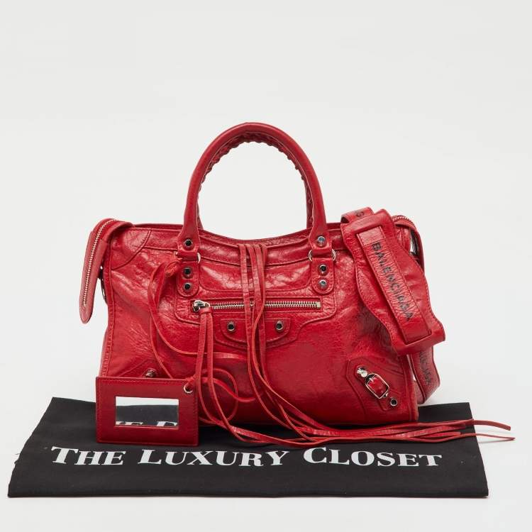 Pre Owned Balenciaga Red Leather Motorcycle Classic City Small Logo Strap Bag