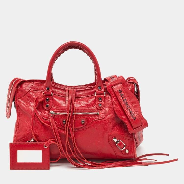 Pre Owned Balenciaga Red Leather Motorcycle Classic City Small Logo Strap Bag