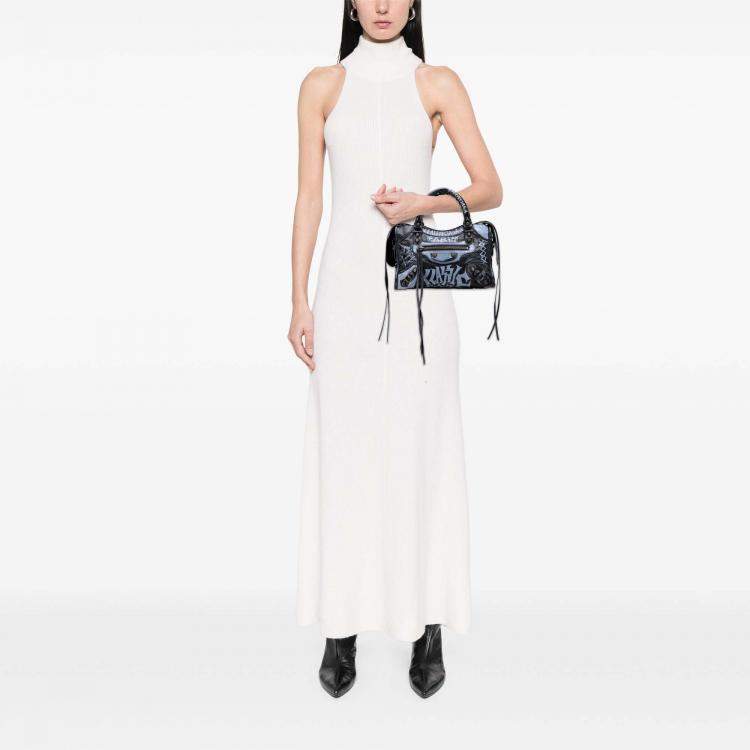 Pre Owned Balenciaga Black Blue Mini Lambskin Motocross Graffiti Classic City Satchel