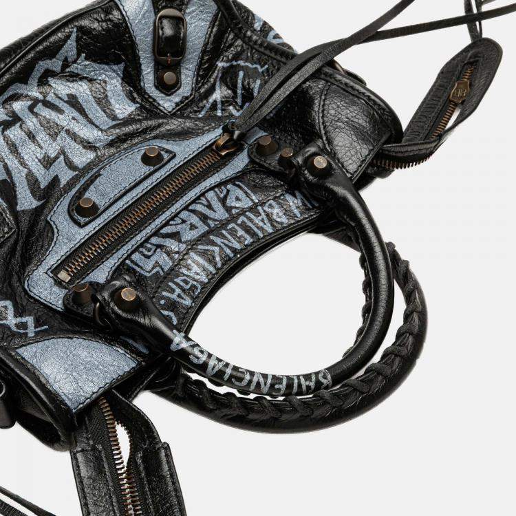 Pre Owned Balenciaga Black Blue Mini Lambskin Motocross Graffiti Classic City Satchel