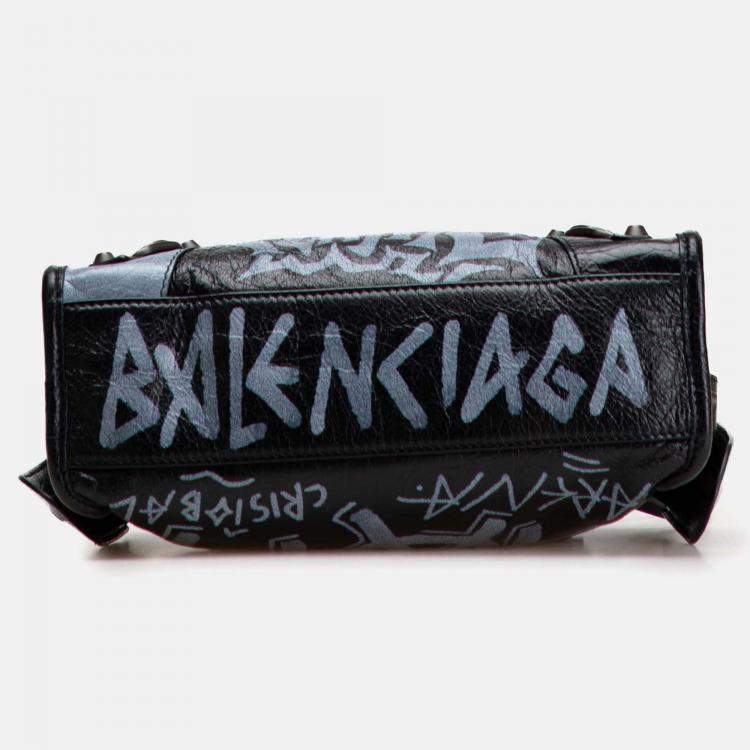 Pre Owned Balenciaga Black Blue Mini Lambskin Motocross Graffiti Classic City Satchel