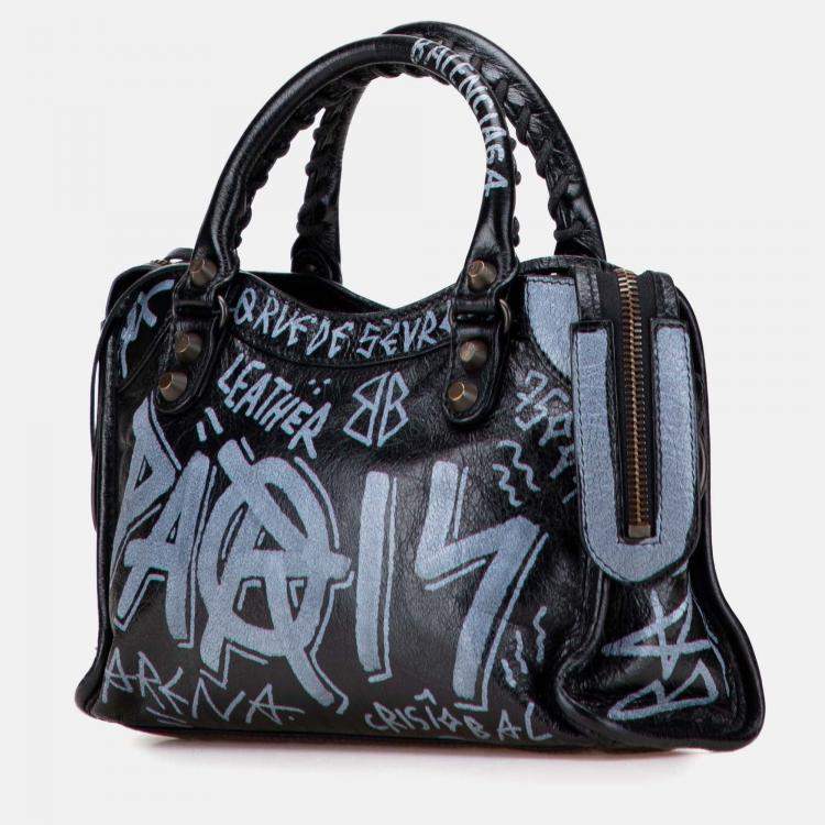 Pre Owned Balenciaga Black Blue Mini Lambskin Motocross Graffiti Classic City Satchel