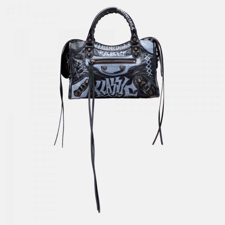 Pre Owned Balenciaga Black Blue Mini Lambskin Motocross Graffiti Classic City Satchel