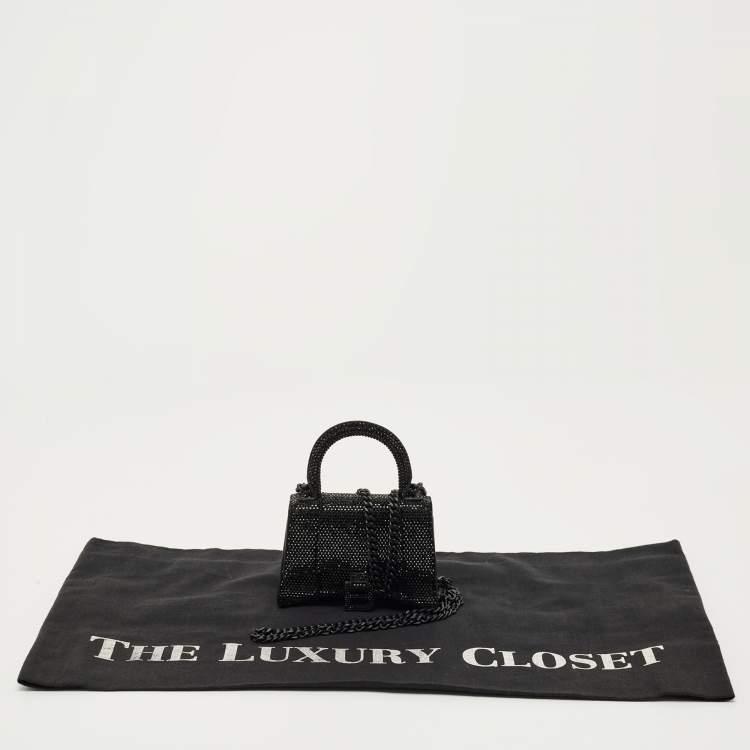 Pre Owned Balenciaga Black Suede Crystal Embellished Nano Hourglass Top Handle Bag