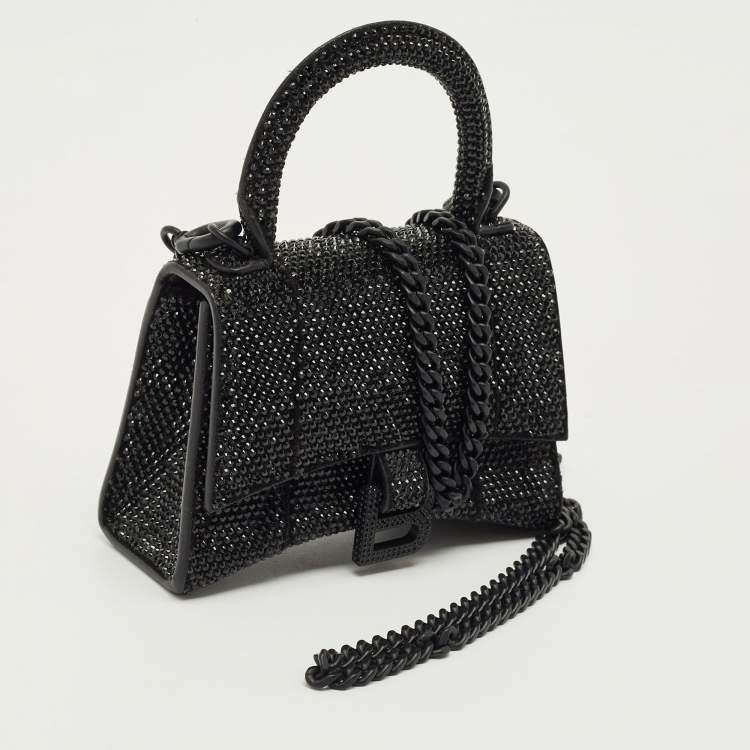 Pre Owned Balenciaga Black Suede Crystal Embellished Nano Hourglass Top Handle Bag