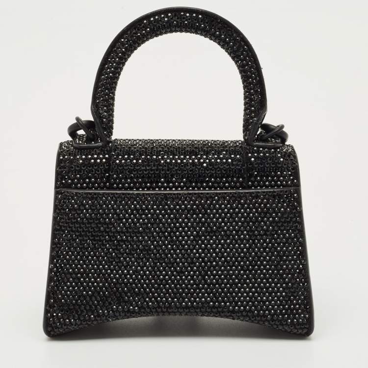 Pre Owned Balenciaga Black Suede Crystal Embellished Nano Hourglass Top Handle Bag