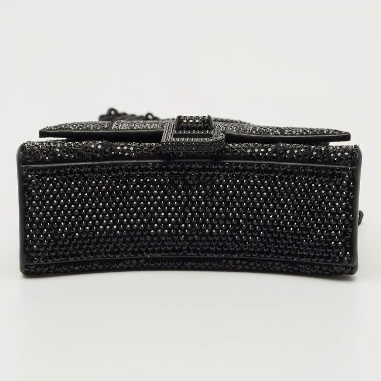 Pre Owned Balenciaga Black Suede Crystal Embellished Nano Hourglass Top Handle Bag