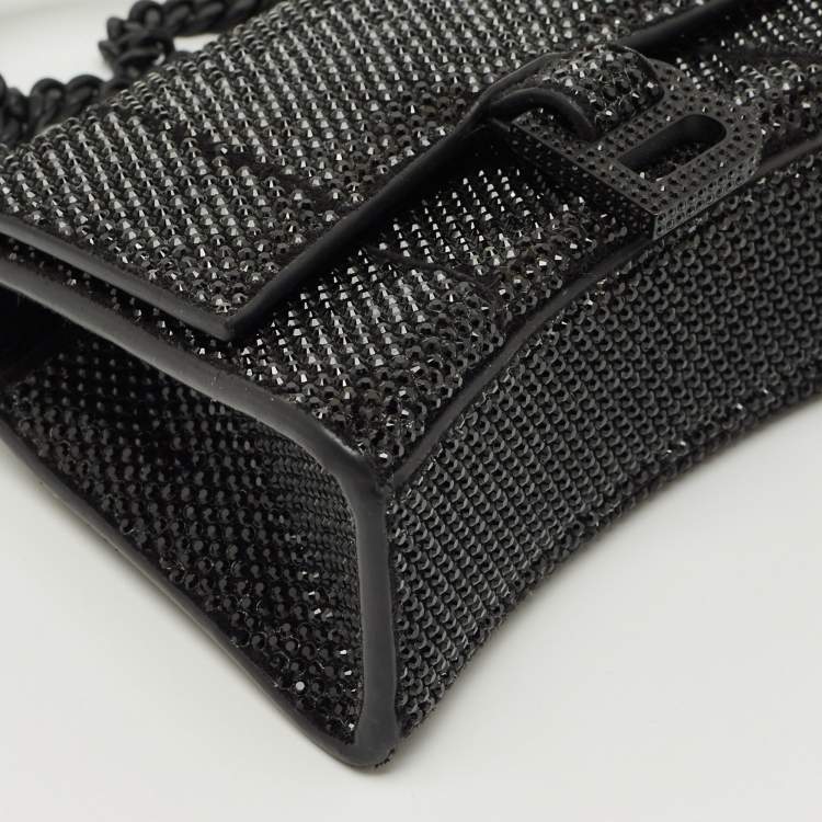 Pre Owned Balenciaga Black Suede Crystal Embellished Nano Hourglass Top Handle Bag