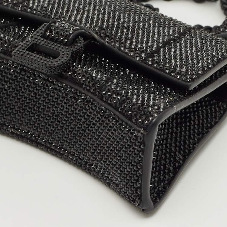Pre Owned Balenciaga Black Suede Crystal Embellished Nano Hourglass Top Handle Bag