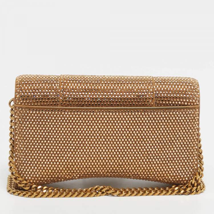 Pre Owned Balenciaga Gold Suede Crystal Embellished Hourglass Wallet on Chain