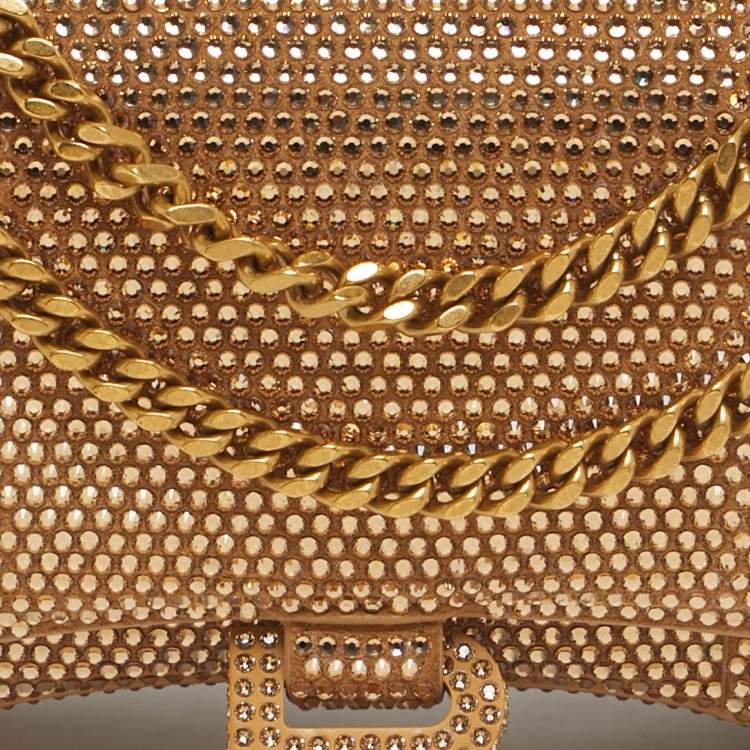 Pre Owned Balenciaga Gold Suede Crystal Embellished Hourglass Wallet on Chain