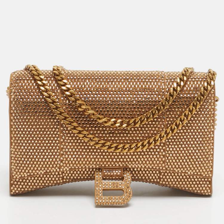 Pre Owned Balenciaga Gold Suede Crystal Embellished Hourglass Wallet on Chain