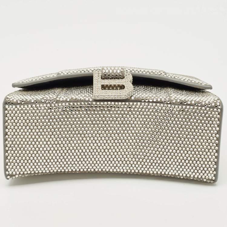 Pre Owned Balenciaga Grey Suede Crystal Embellished XS Hourglass Top Handle Bag