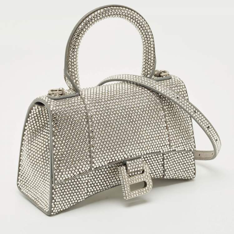 Pre Owned Balenciaga Grey Suede Crystal Embellished XS Hourglass Top Handle Bag