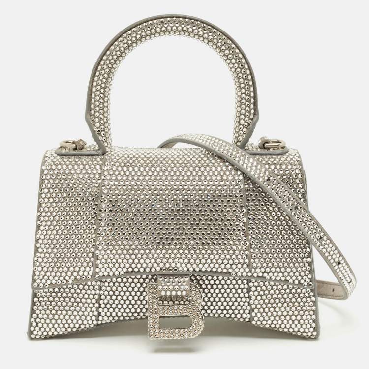 Pre Owned Balenciaga Grey Suede Crystal Embellished XS Hourglass Top Handle Bag