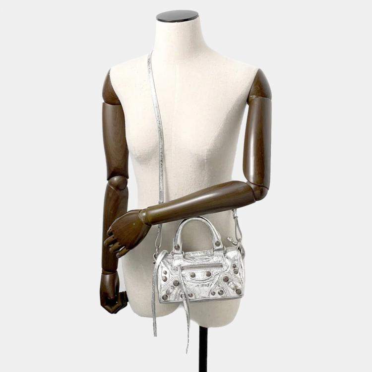 Pre Owned Balenciaga Le Cagoule Silver Leather Nano 2-Way Shoulder Bag