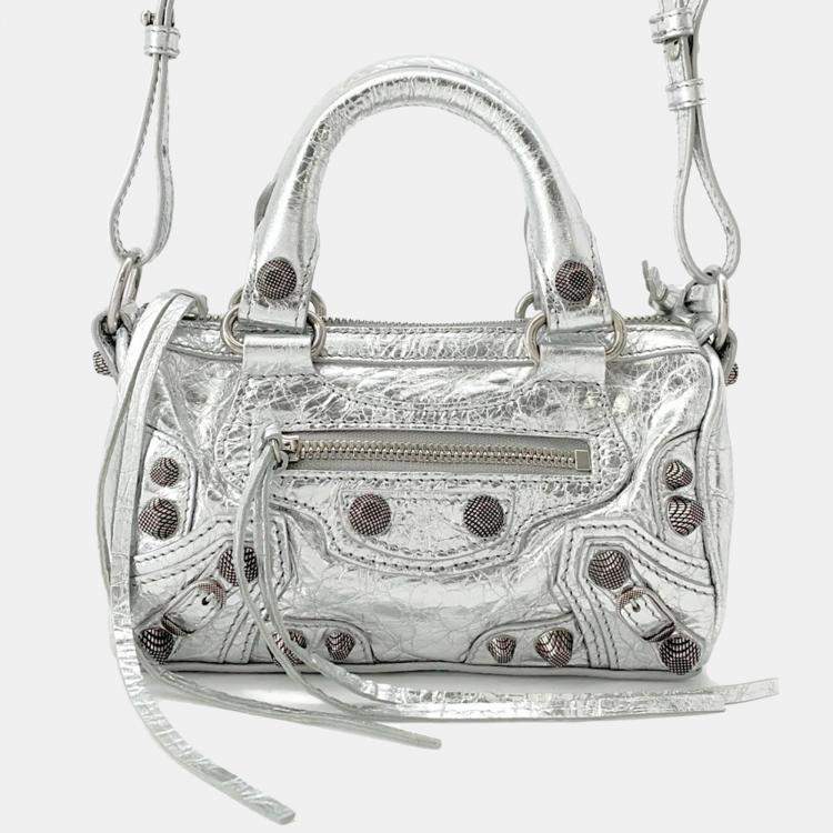 Pre Owned Balenciaga Le Cagoule Silver Leather Nano 2-Way Shoulder Bag