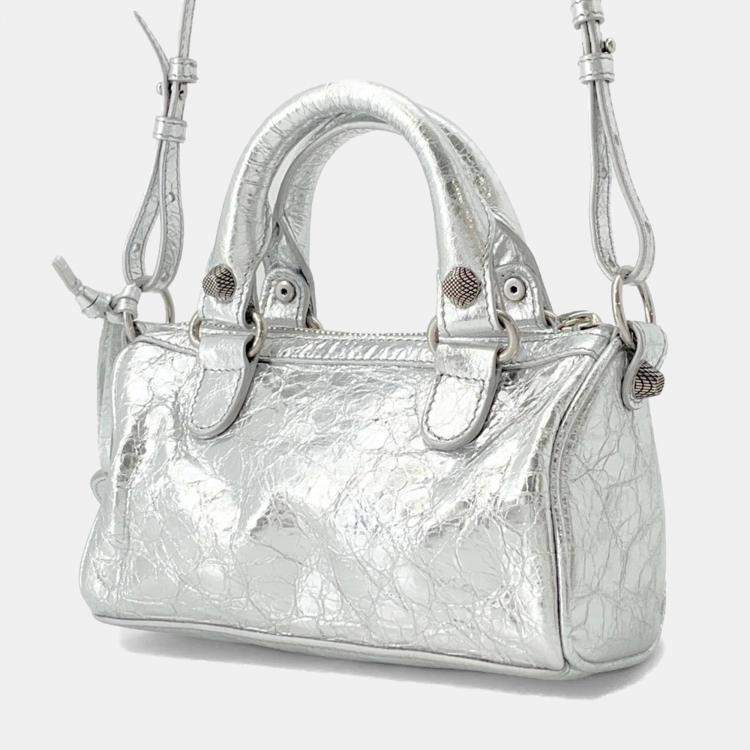Pre Owned Balenciaga Le Cagoule Silver Leather Nano 2-Way Shoulder Bag