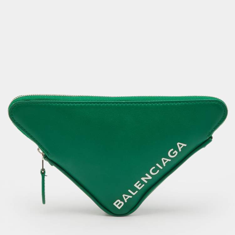 Pre Owned Balenciaga Green Leather Small Triangle Zip Pouch