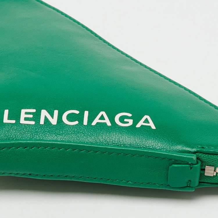 Pre Owned Balenciaga Green Leather Small Triangle Zip Pouch