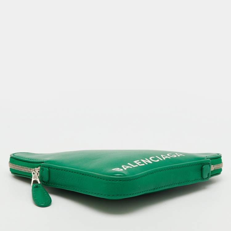 Pre Owned Balenciaga Green Leather Small Triangle Zip Pouch