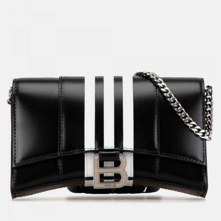 Pre Owned Balenciaga X Adidas Hourglass Crossbody Chain Wallet Shoulder Bag Black White Leather