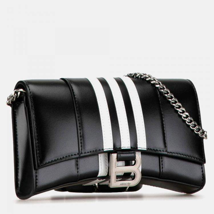 Pre Owned Balenciaga X Adidas Hourglass Crossbody Chain Wallet Shoulder Bag Black White Leather