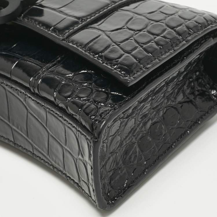 Pre Owned Balenciaga Black Croc Embossed Leather Hourglass Wallet on Chain