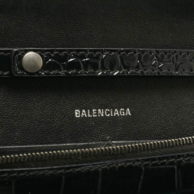 Pre Owned Balenciaga Black Croc Embossed Leather Hourglass Wallet on Chain