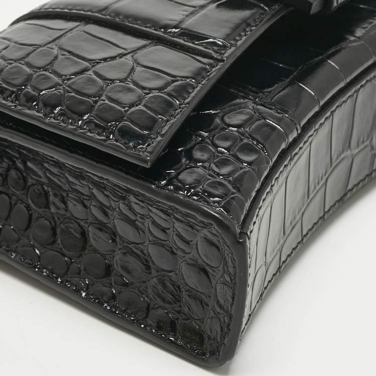 Pre Owned Balenciaga Black Croc Embossed Leather Hourglass Wallet on Chain