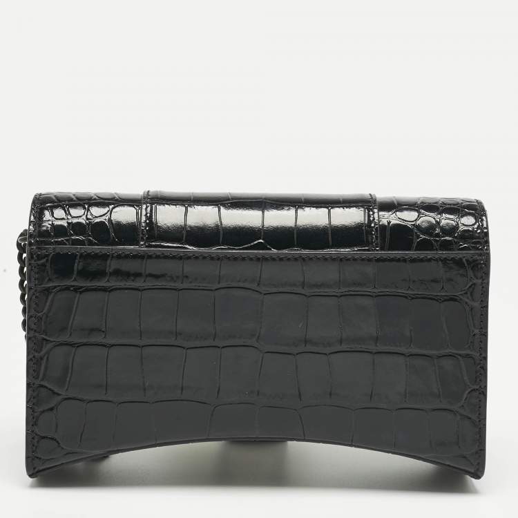 Pre Owned Balenciaga Black Croc Embossed Leather Hourglass Wallet on Chain