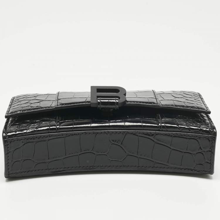 Pre Owned Balenciaga Black Croc Embossed Leather Hourglass Wallet on Chain