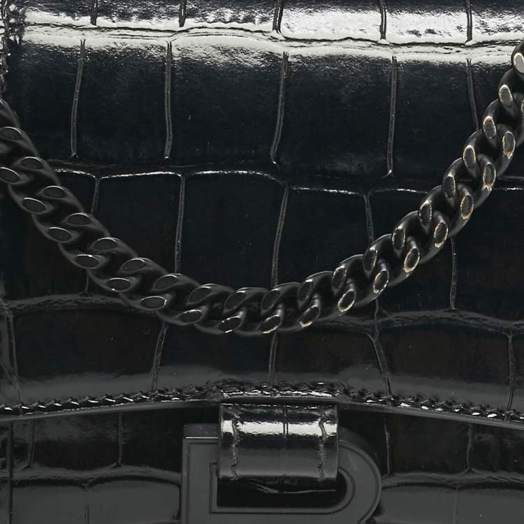 Pre Owned Balenciaga Black Croc Embossed Leather Hourglass Wallet on Chain