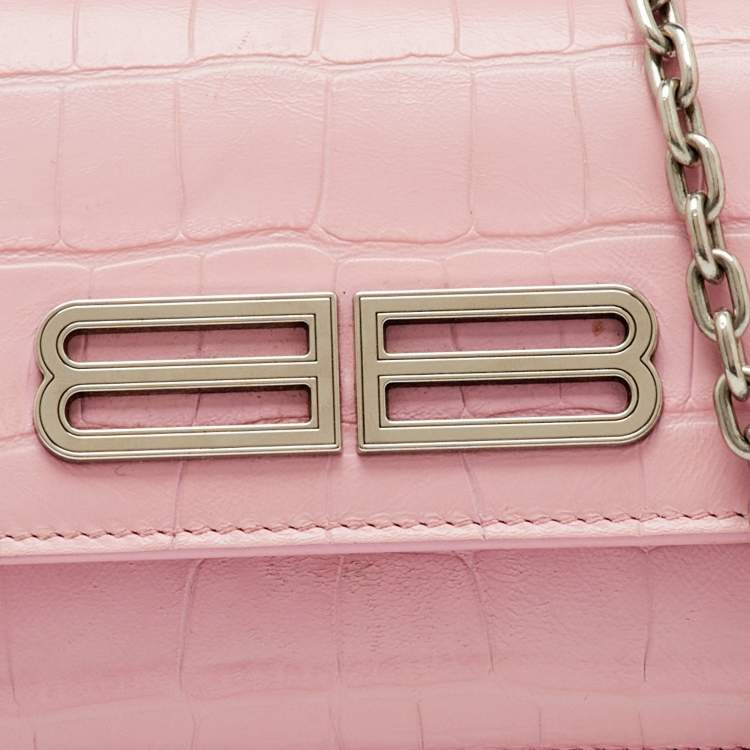 Pre Owned Balenciaga Light Pink Croc Embossed Leather Gossip Wallet on Chain