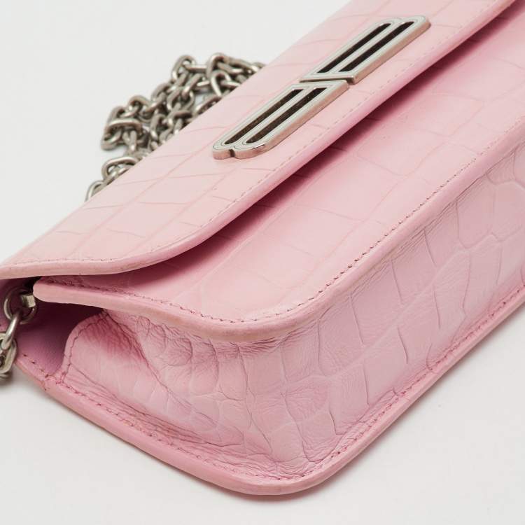 Pre Owned Balenciaga Light Pink Croc Embossed Leather Gossip Wallet on Chain