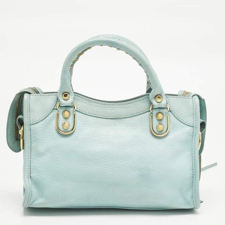 Pre Owned Balenciaga Light Turquoise Leather Mini Metallic Edge Classic City Bag