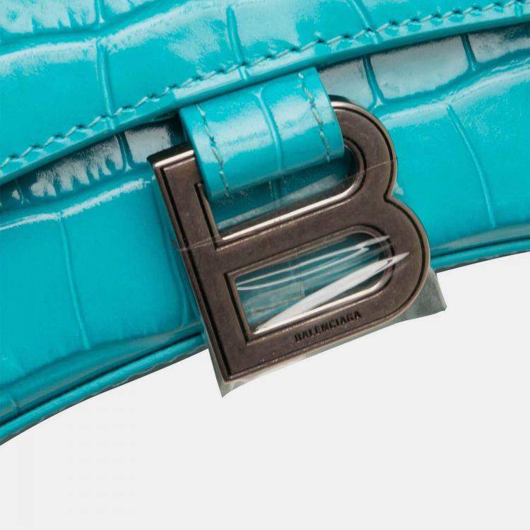 Pre Owned Balenciaga Blue XS Croc Embossed Hourglass Top Handle Bag