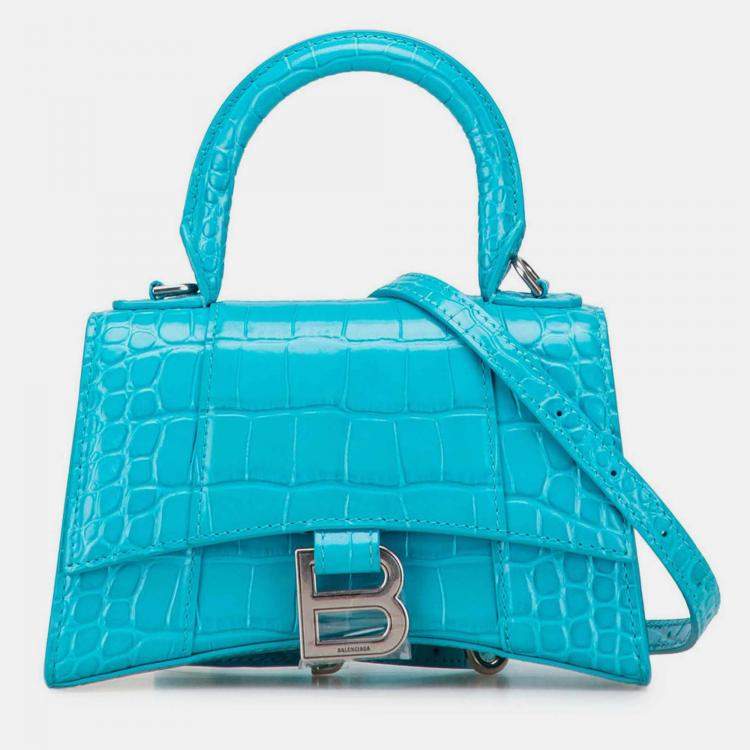 Pre Owned Balenciaga Blue XS Croc Embossed Hourglass Top Handle Bag