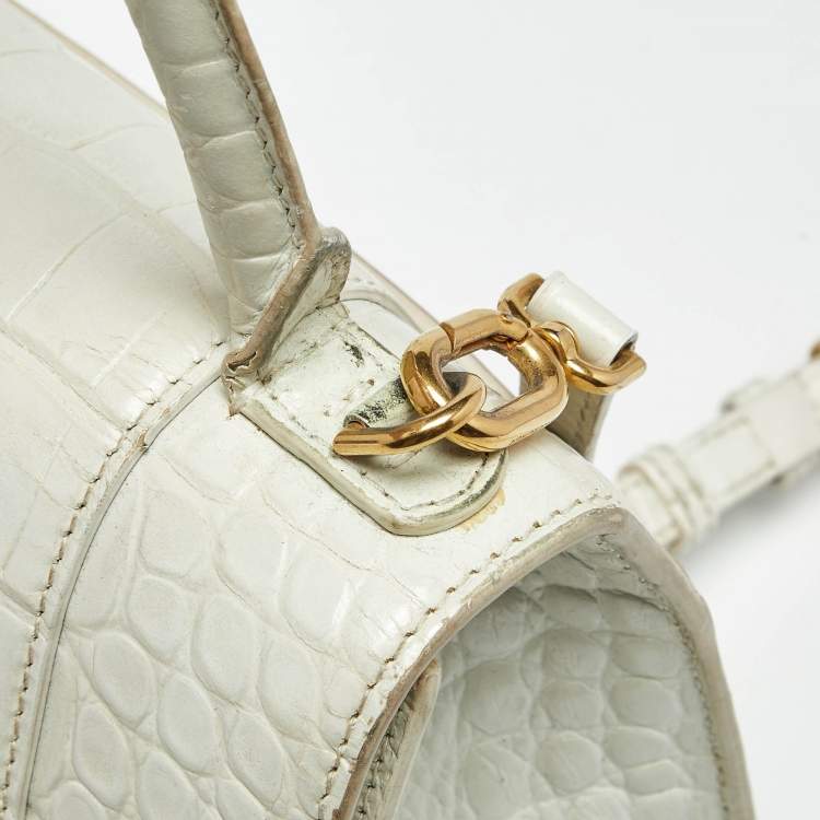 Pre Owned Balenciaga White Croc Embossed Leather Small Hourglass Top Handle Bag