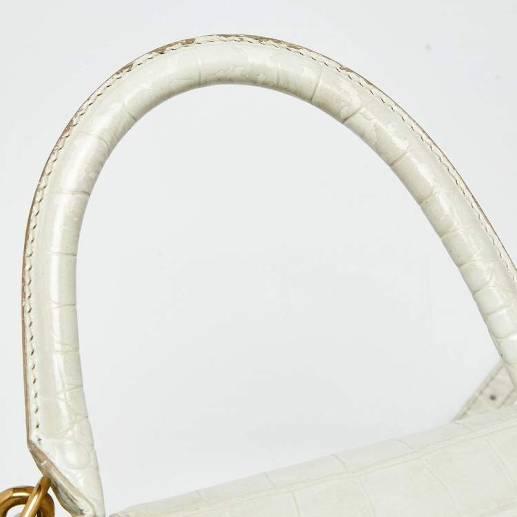 Pre Owned Balenciaga White Croc Embossed Leather Small Hourglass Top Handle Bag