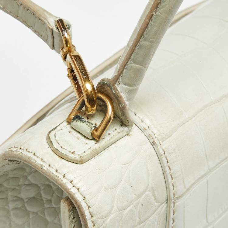 Pre Owned Balenciaga White Croc Embossed Leather Small Hourglass Top Handle Bag