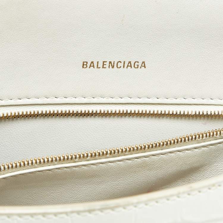 Pre Owned Balenciaga White Croc Embossed Leather Small Hourglass Top Handle Bag