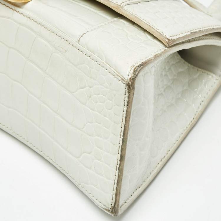 Pre Owned Balenciaga White Croc Embossed Leather Small Hourglass Top Handle Bag
